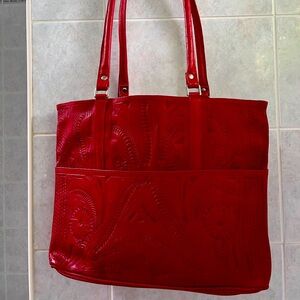Cherry red tooled leather large shoulder bag